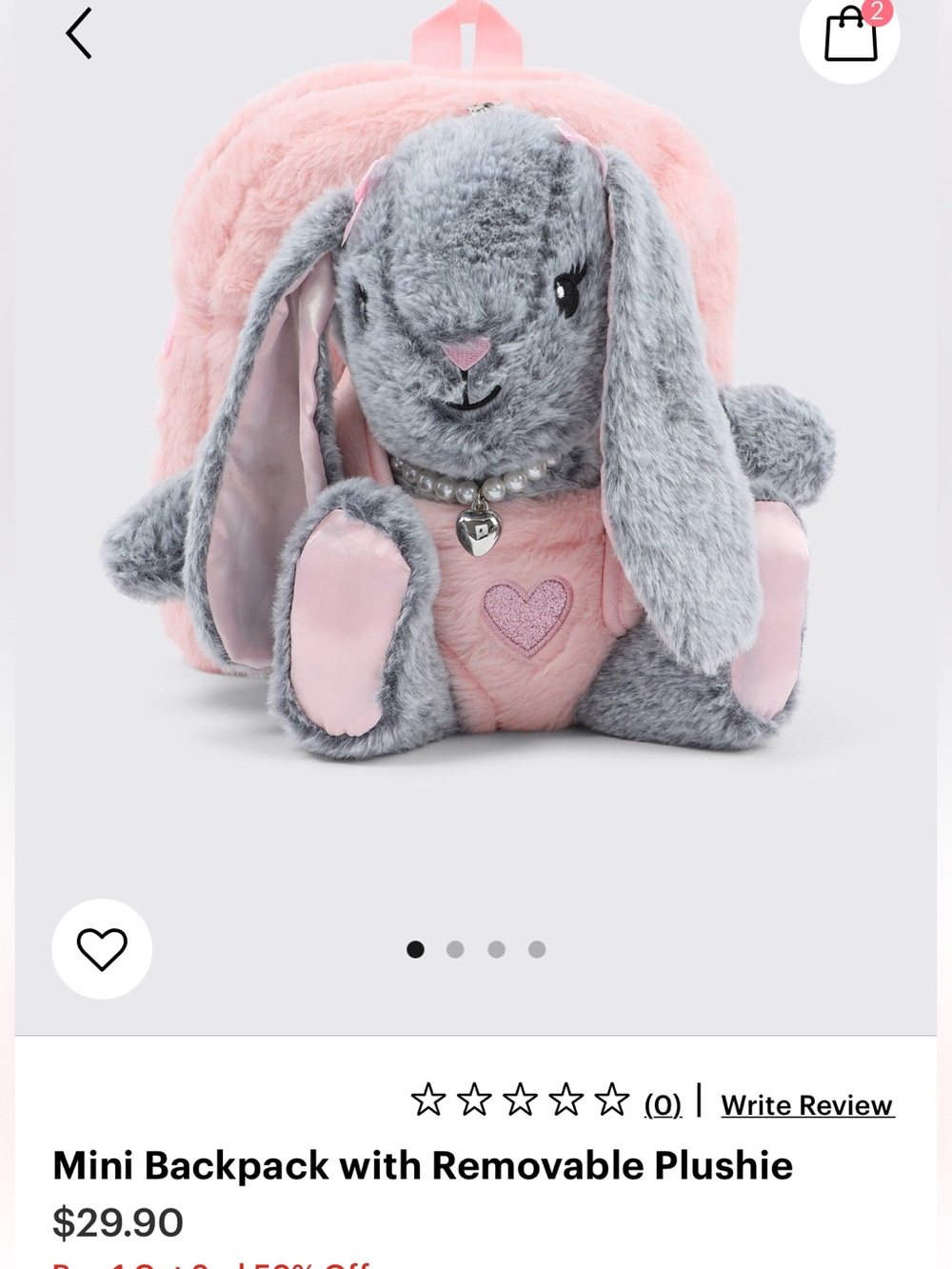10/$30 Ardene Grey and Pink Plush Bunny Backpack